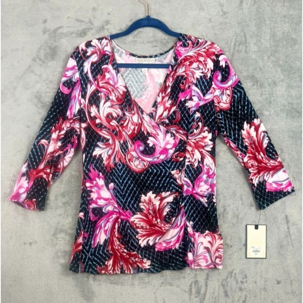 Dana Buchman Women’s Top Large Pink Black Wrap Style Stretch 3/4 Sleeve NWT